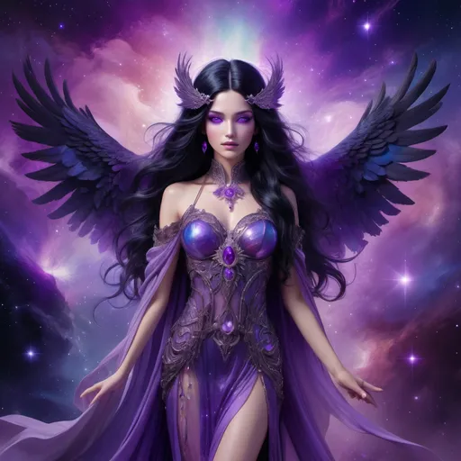 Prompt: Goddess with raven black hair and purple eyes, adorned with amethyst jewels, standing in an ethereal nebula background, full body, highres, detailed, fantasy, vibrant colors, flowing and ethereal clothes, radiant lighting, majestic, surreal, paradise setting, 