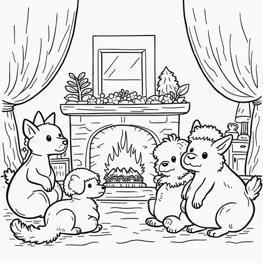 Prompt: (black and white), cartoon style, (pastel color scheme), various animals, playful setting, fun interactions among animals, whimsical background, ideal for colouring, cozy settings, include light sources such as, fireplaces, lamps, etc. add colour by number with colour key