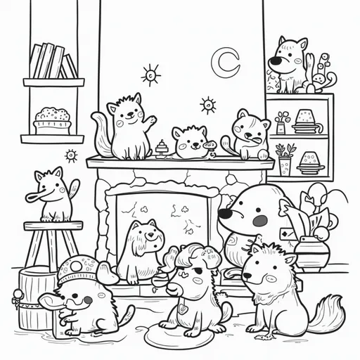 Prompt: (black and white), cartoon style, (pastel color scheme), various animals, playful setting, fun interactions among animals, whimsical background, ideal for colouring, cozy settings, include light sources such as, fireplaces, lamps, etc. add colour by number with colour key