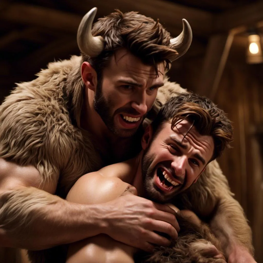 Prompt: Chris evans transforming into a werewolf, whilst being hugged sensually by another werewolf from behind. <mymodel>