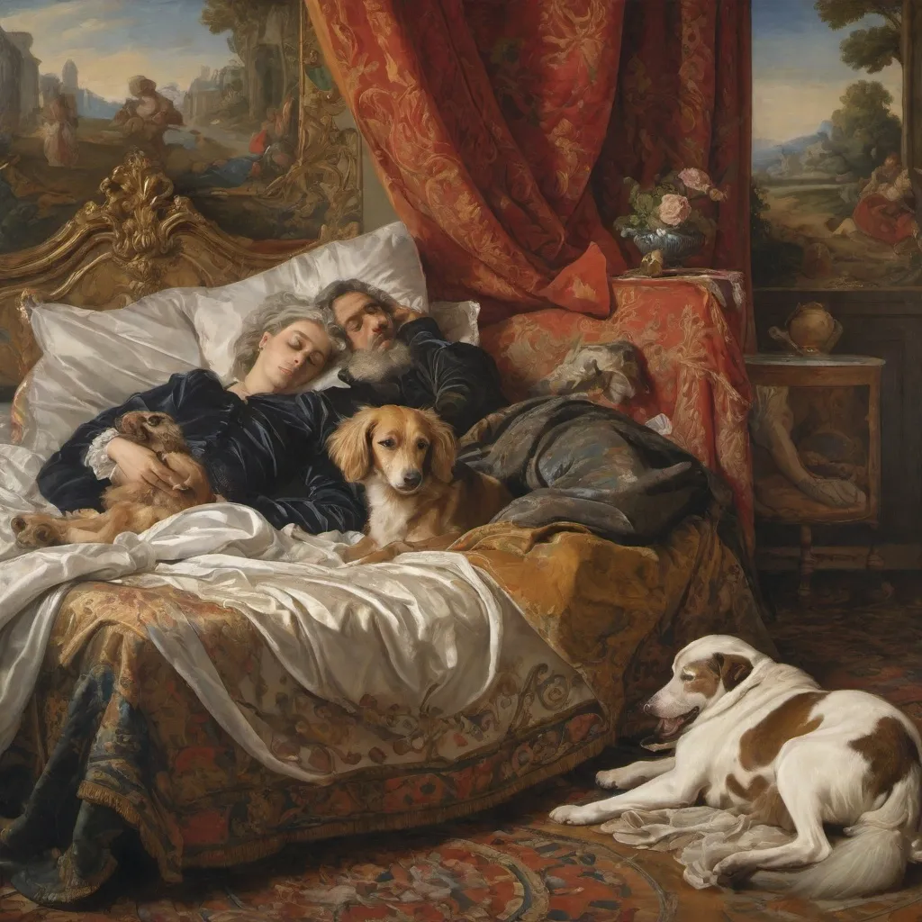 Prompt: a man laying on a bed with a dog and a woman sleeping on the bed next to him with a dog, Arthur Sarkissian, maximalism, baroque painting, a renaissance painting