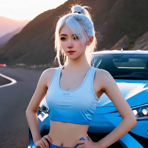Prompt: photo realistic, HD realistic, very real portrait, high resolution, detailed, 1 very beautiful girl aged 22, ponytail, white hair, Korean face, blue eyes, light blue short tank top, shorts, ideal waist, standing on Side of a Toyota FT86 full modification car in blue, red LED lights under it, asphalt road, mountains in the background.