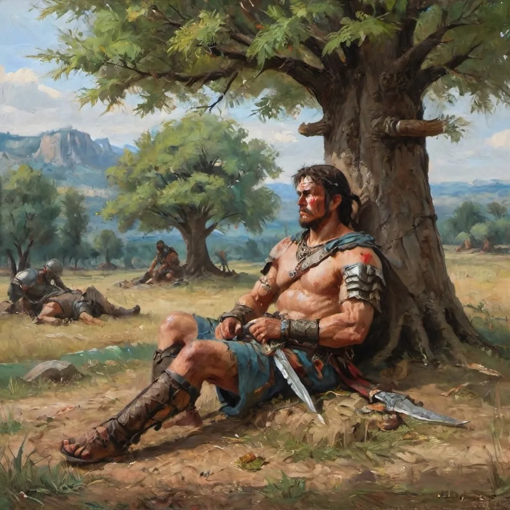 Prompt: a warrior sitting under a tree , resting after a great battle