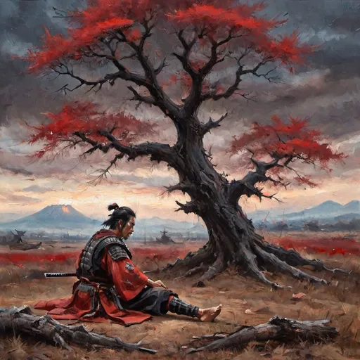 Prompt: a samurai warrior resting under a dead tree after a great battle , the sky was red and black the colors of evil