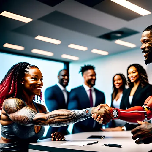 Prompt: A diverse group of investors shaking hands with cyborg, symbolizing a collaborative journey towards mutual success