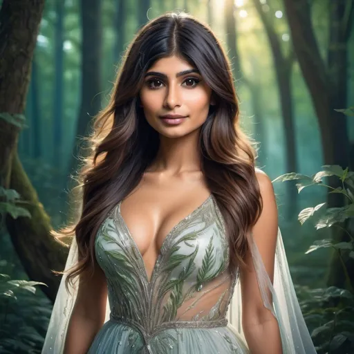 Prompt: Fantasy illustration of Mia Khalifa, ethereal gown with shimmering details, mystical forest background, enchanting and alluring gaze, flowing luscious hair, magical and captivating aura, high quality, fantasy, enchanting, ethereal gown, mystical forest, alluring gaze, flowing hair, magical, captivating, professional, mythical lighting