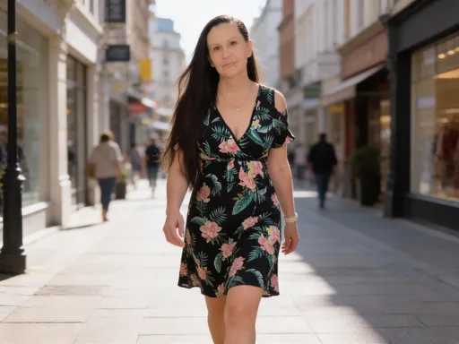 Prompt: Tall young woman walking down the high street, detailed clothing, realistic, natural lighting