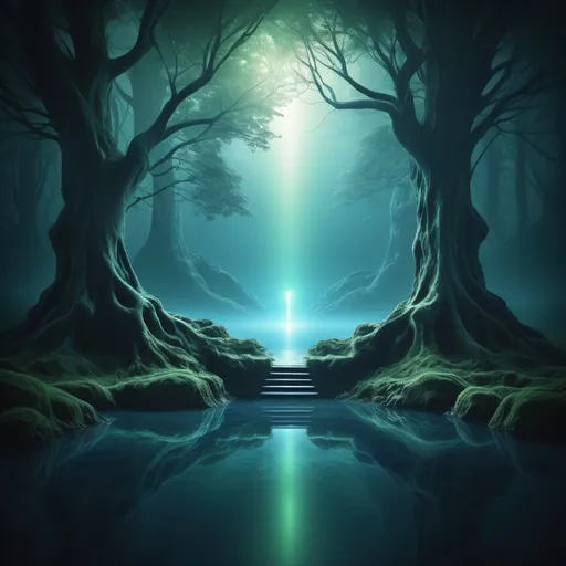 Prompt: (ghosthunting and meditation theme), mystical ambiance, atmospheric backgrounds, shadowy elements, serene colors, tranquil blues and greens, subtle textures, elegant design, high quality, fitting for a business card, modern aesthetic, unique concept blending spiritual elements and ghosthunting.