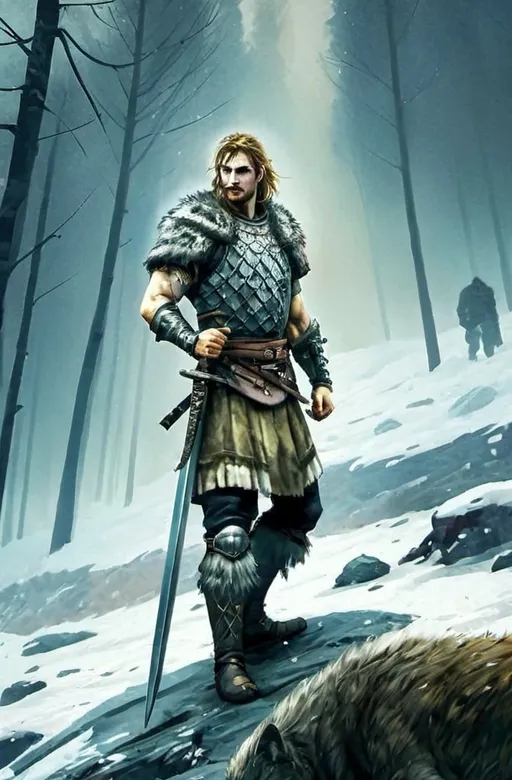 Prompt: (handsome human swordsman), wearing (wolfskin pelt), (dirty blonde combed short hair), (facial hair mustache), donned in (wolf pelt armor), intricate detailing, (fantasy character art), high quality, (ultra-detailed), captivating expressions, (cinematic lighting), showcasing a (grim and fierce) ambiance, richly textured background that emphasizes the warrior's ruggedness and the wild nature of his attire.