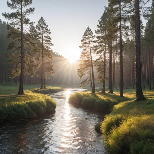Prompt: river with pinetrees and sun, 