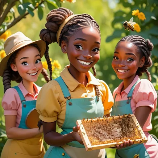 Prompt: Disney style melanin beekeeper with braids and a happy smile, vibrant colors, sunny in a garden with beehives teaching a class on beekeeping to three young women 