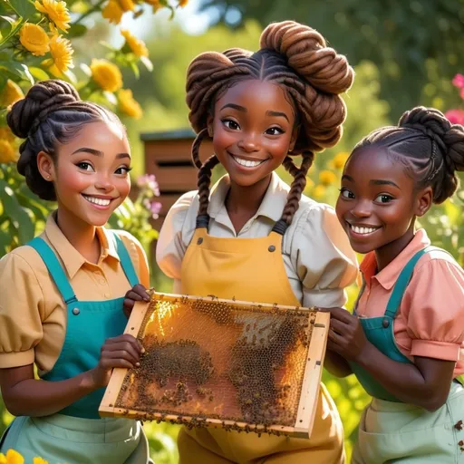 Prompt: Disney style melanin beekeeper with braids and a happy smile, vibrant colors, sunny in a garden with beehives teaching a class on beekeeping to three young women 