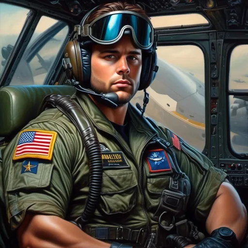 Prompt: <mymodel>Realistic painting of a chiseled face with thick muscular chest hair, brown hair, Hispanic/Latino/Caucasian, Air Force fighter pilot, Pacific Rim, soccer, rich, high-quality, realistic style, detailed facial features, intense gaze, military uniform, vibrant colors, natural lighting 