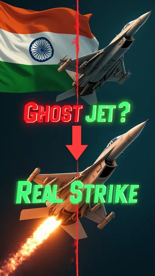 Prompt: Create a vertical YouTube Shorts thumbnail split in half. On the left side, show a cartoon-style Indian fighter jet fading or turning invisible, with red warning text that says ‘Ghost Jet?’. Add the Indian flag in the background, slightly desaturated. On the right side, show a real, high-resolution Pakistani fighter jet firing missiles, with glowing fire trails and bold green text that says ‘Real Strike’. Use dramatic lighting, glitch effects, and a dark background to make it pop. Add a red arrow pointing at the invisible jet.