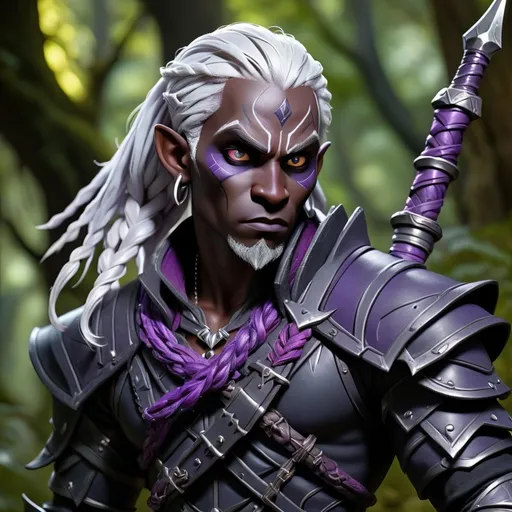 Prompt: Male drow character, (fantasy RPG style), (rogue), purple-black skin, cascading white braided hair, (cunning expression), intricate earrings, around 35 years old, dynamic pose, detailed armor, mystical weapons, dark enchanted forest background, (highly detailed), (dramatic lighting), vibrant contrasting colors, (epic fantasy atmosphere), enthralling mystical details, (4K resolution).