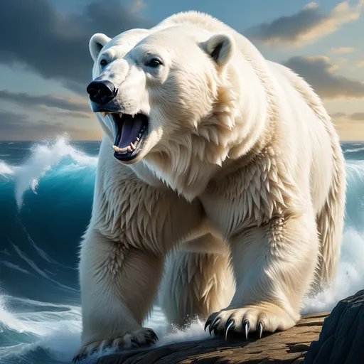 Prompt: blue and gold scene :: long-haired Polar Bear on ocean cliff, big waves, Magical Scene, happy, hyper-realistic digital artwork highly detailed