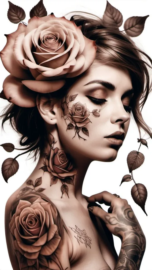 Prompt: Double exposure large bush roseclimbing tattoheart with romantic roses. A climbing rockfairy and a stunning woman in the backdrop, brownbronze on white iridiscent sepia on pastel red huddled in roses and exquisite tattoos. Tattoo the lips with a big heart