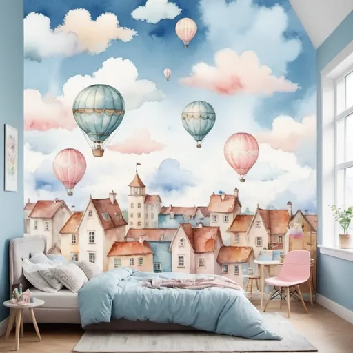 Prompt: Dreamlike aquarelle paintin, kids room wallpaper, nostalgic hot air balloon floating over rooftops, blue sky with fluffy clouds, watercolor art style, whimsical and nostalgic, pastel tones, soft and dreamy, high quality, ultra-detailed, aquarelle, dreamlike, hot air balloon, rooftops, kids room wallpaper, nostalgic, watercolor, whimsical, pastel tones, fluffy clouds, soft lighting