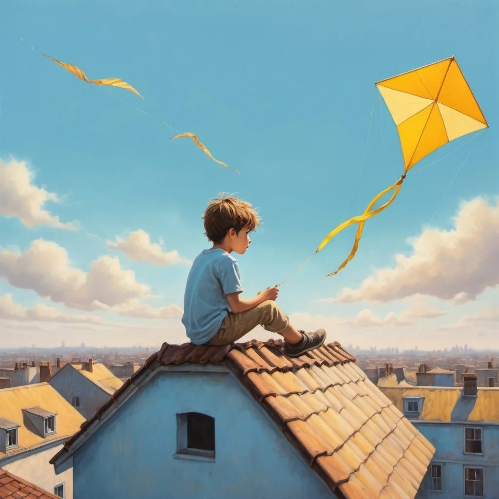 Prompt: Yellow kite soaring in a light blue sky, boy sitting on a rooftop, dreamlike, ethereal, magical realism, whimsical, surreal, high quality, serene, soft pastel tones, warm sunlight, rooftops, magical realism, dreamy atmosphere, detailed portrayal, whimsical, serene, surreal, surrealistic style