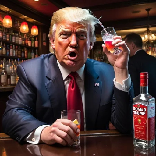 Prompt: Donald Trump at upscale bar, very drunk, disheveled, spilled drink, loose red tie, tiny hands, Russian vodka bottle, hyper-realistic, comedic, colorful, Herbert Block style cartoon, upscale setting, exaggerated facial expressions, detailed wrinkles, vibrant colors, humorous, high-quality, hyper-realism, political satire, comedic lighting