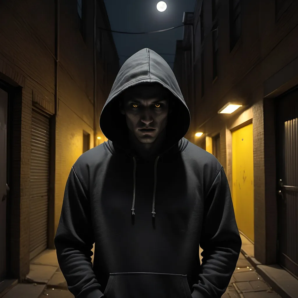 Prompt: Hyper-realistic, Herbert Block inspired illustration of Man in a dark alleyway, face hidden in shadow, hands in hoodie pocket, black pullover hoodie with black pull strings, dim yellowish streetlights, large yellowish moon overhead, eerie atmosphere, detailed shadows, high-quality, hyper-realism, black hoodie, dim lighting, ominous presence, urban setting, horror, dark tones, no visible face, professional