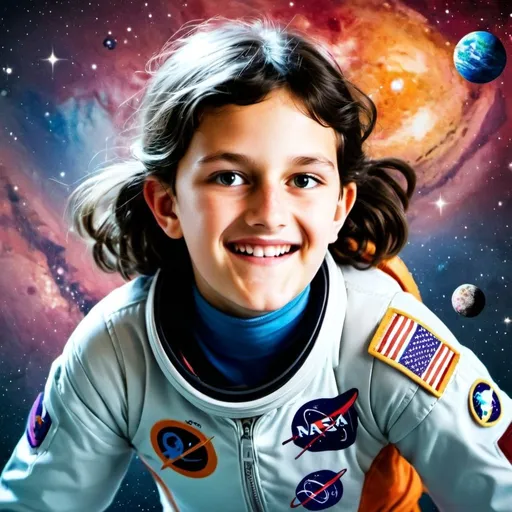 Prompt: 11-year-old girl roller-skating in astronaut uniform, hyper-realistic cartoon, colorful, comet trail, Herbert Block style, solar system background, vibrant colors, detailed spacesuit, roller skates, vibrant, high quality, hyper-realistic, comet trail, cartoon, solar system, astronaut uniform, vibrant colors, detailed spacesuit, roller skates, Herbert Block style, hyper-realistic, vibrant