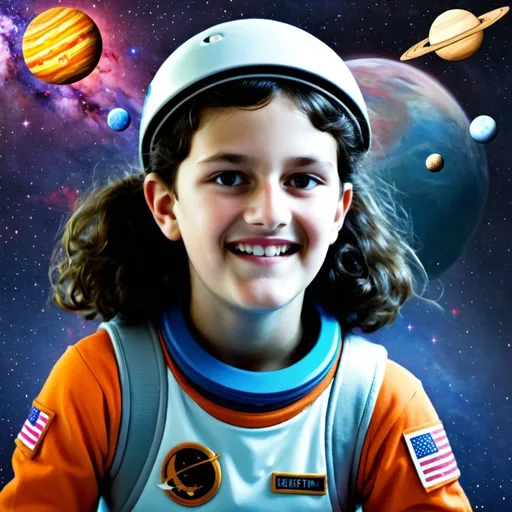 Prompt: 11-year-old girl roller-skating in astronaut uniform, hyper-realistic cartoon, colorful, comet trail, Herbert Block style, solar system background, vibrant colors, detailed spacesuit, roller skates, vibrant, high quality, hyper-realistic, comet trail, cartoon, solar system, astronaut uniform, vibrant colors, detailed spacesuit, roller skates, Herbert Block style, hyper-realistic, vibrant