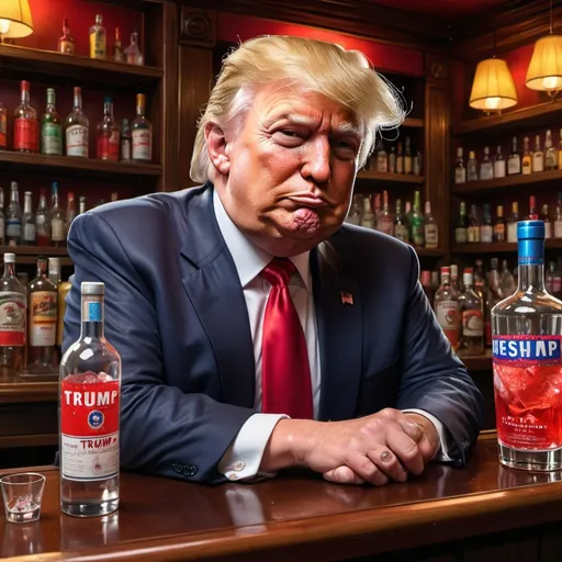 Prompt: Donald Trump at upscale bar, very drunk, disheveled, spilled drink, loose red tie, tiny hands, Russian vodka bottle, hyper-realistic, comedic, colorful, Herbert Block style cartoon, upscale setting, exaggerated facial expressions, detailed wrinkles, vibrant colors, humorous, high-quality, hyper-realism, political satire, comedic lighting