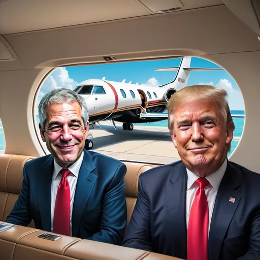 Prompt: Jeffrey Epstein and Donald Trump in a private jet, view of a small island through the passenger window, excited expressions, hyper-realistic, Herbert Block style cartoon, colorful, comedic, high quality, detailed faces, vibrant colors, realistic lighting