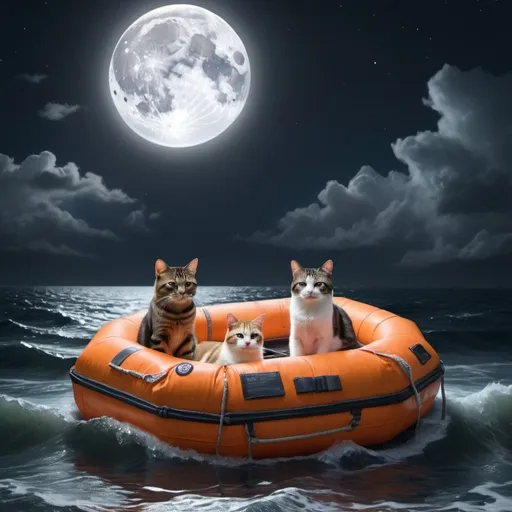 Prompt: Two men, three cats, canopy bed life raft, sailing on sea, dreamlike, hyper-realistic, full moon overhead, dark skies, professional, highres, detailed, dreamlike, hyper-realistic, serene, surreal, moonlit, atmospheric lighting, detailed facial features, lifelike, peaceful, cats lounging, tranquil, surrealistic