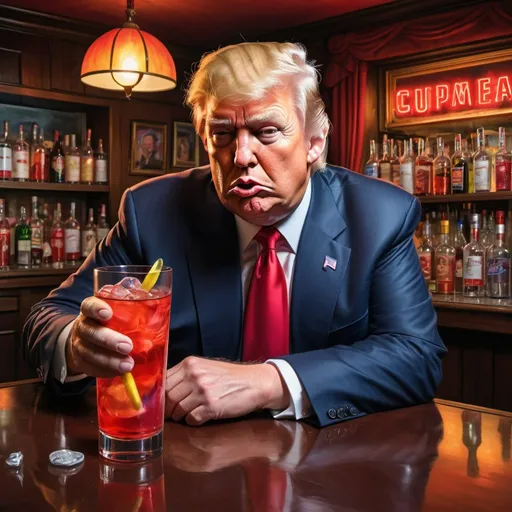 Prompt: Donald Trump at upscale bar, disheveled, spilled drink, loose red tie, Russian vodka bottle, hyper-realistic, comedic, colorful, Herbert Block style cartoon, upscale setting, exaggerated facial expressions, detailed wrinkles, vibrant colors, humorous, high-quality, hyper-realism, political satire, comedic lighting