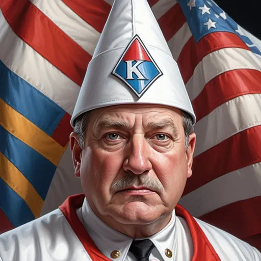 Prompt: Hyper-realistic Herbert Block-style cartoon of a man in KKK hat and uniform, colorful and detailed, high quality, hyper-realistic, Herbert Block style, detailed KKK uniform, intense expression, vibrant colors, satirical, editorial cartoon, professional shading, dynamic composition, bold lines, sharp details, critical message