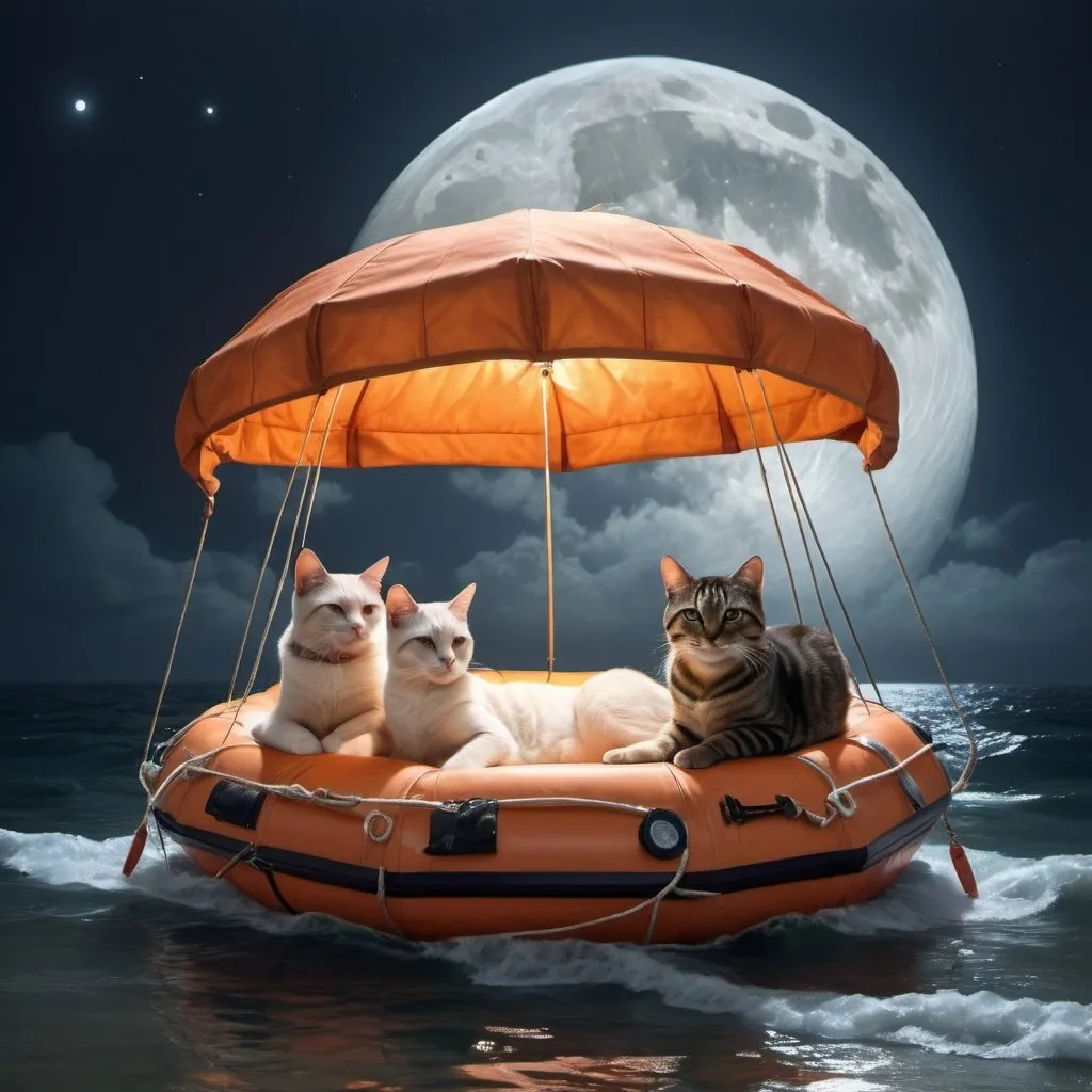 Prompt: Two men, three cats, canopy bed life raft, sailing on sea, dreamlike, hyper-realistic, full moon overhead, dark skies, professional, highres, detailed, dreamlike, hyper-realistic, serene, surreal, moonlit, atmospheric lighting, detailed facial features, lifelike, peaceful, cats lounging, tranquil, surrealistic