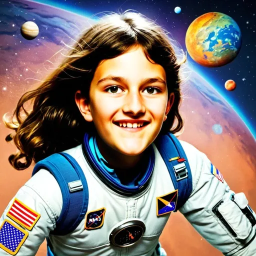 Prompt: 11-year-old girl roller-skating in astronaut uniform, hyper-realistic cartoon, colorful, comet trail, Herbert Block style, solar system background, vibrant colors, detailed spacesuit, roller skates, vibrant, high quality, hyper-realistic, comet trail, cartoon, solar system, astronaut uniform, vibrant colors, detailed spacesuit, roller skates, Herbert Block style, hyper-realistic, vibrant