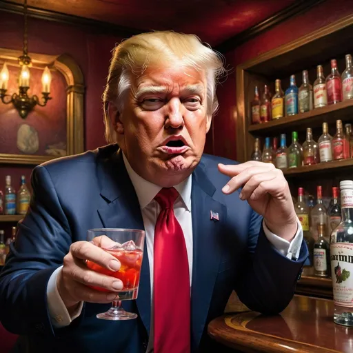 Prompt: Donald Trump at upscale bar, very drunk, disheveled, spilled drink, loose red tie, tiny hands, Russian vodka bottle, hyper-realistic, comedic, colorful, Herbert Block style cartoon, upscale setting, exaggerated facial expressions, detailed wrinkles, vibrant colors, humorous, high-quality, hyper-realism, political satire, comedic lighting