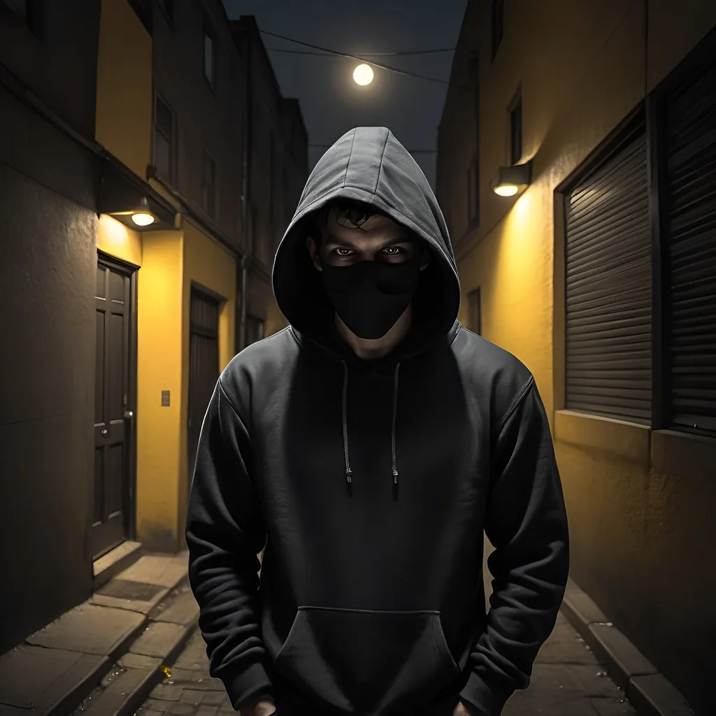 Prompt: Hyper-realistic, Herbert Block inspired illustration of Man in a dark alleyway, face hidden in shadow, hands in hoodie pocket, black pullover hoodie with black pull strings, dim yellowish streetlights, large yellowish moon overhead, eerie atmosphere, detailed shadows, high-quality, hyper-realism, black hoodie, dim lighting, ominous presence, urban setting, horror, dark tones, no visible face, professional