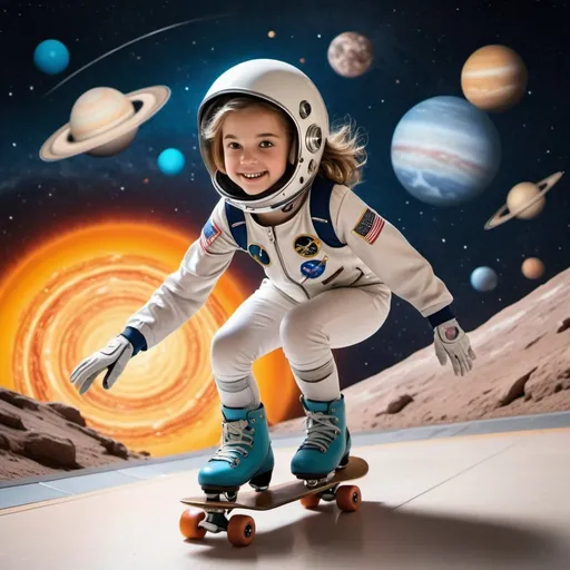 Prompt: 11 year old girl dressed in astronaut uniform roller-skating through the solar system, comet trail behind her, Herbert Block style cartoon, hyper-realistic, colorful 