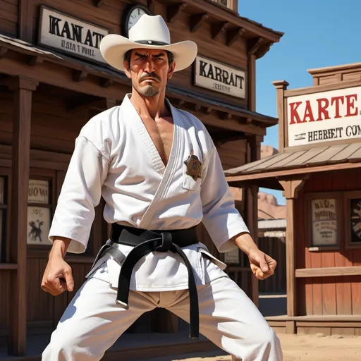 Prompt: Wild west marshal in white karate gi and black belt, wild west town, bad man in black karate gi, high noon at clock tower 12 o'clock, hyper-realistic, Herbert Block style cartoon, colorful, comedic, hyper-detailed, highres, vibrant colors, wild west setting, detailed facial expressions, exaggerated poses, western showdown, professional lighting, dynamic composition