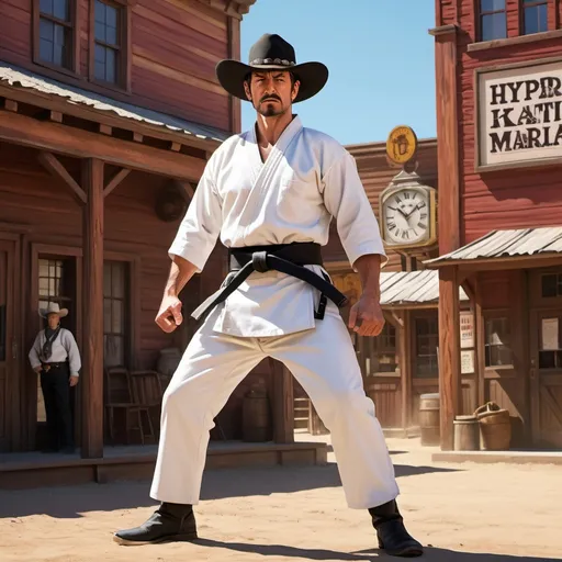 Prompt: Wild west marshal in white karate gi and black belt, wild west town, bad man in black karate gi, high noon at clock tower 12 o'clock, hyper-realistic, Herbert Block style cartoon, colorful, comedic, hyper-detailed, highres, vibrant colors, wild west setting, detailed facial expressions, exaggerated poses, western showdown, professional lighting, dynamic composition