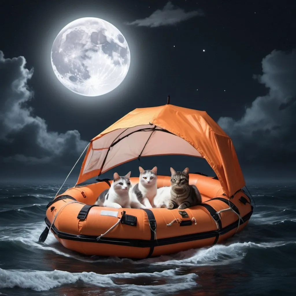 Prompt: Two men, three cats, canopy bed life raft, sailing on sea, dreamlike, hyper-realistic, full moon overhead, dark skies, professional, highres, detailed, dreamlike, hyper-realistic, serene, surreal, moonlit, atmospheric lighting, detailed facial features, lifelike, peaceful, cats lounging, tranquil, surrealistic