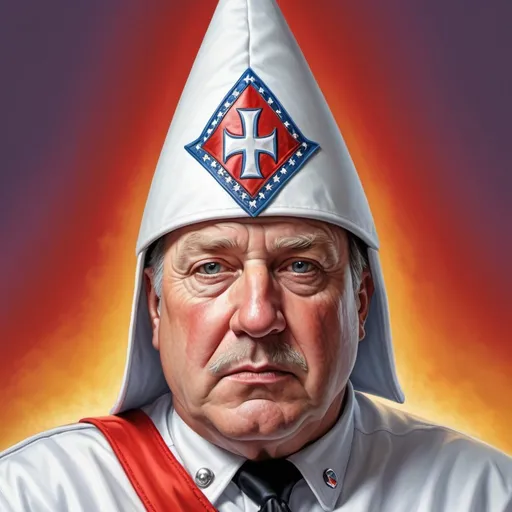 Prompt: Hyper-realistic Herbert Block-style cartoon of a man in KKK hat and uniform, colorful and detailed, high quality, hyper-realistic, Herbert Block style, detailed KKK uniform, intense expression, vibrant colors, satirical, editorial cartoon, professional shading, dynamic composition, bold lines, sharp details, critical message