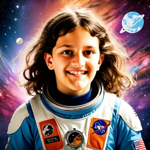 Prompt: 11-year-old girl roller-skating in astronaut uniform, hyper-realistic cartoon, colorful, comet trail, Herbert Block style, solar system background, vibrant colors, detailed spacesuit, roller skates, vibrant, high quality, hyper-realistic, comet trail, cartoon, solar system, astronaut uniform, vibrant colors, detailed spacesuit, roller skates, Herbert Block style, hyper-realistic, vibrant