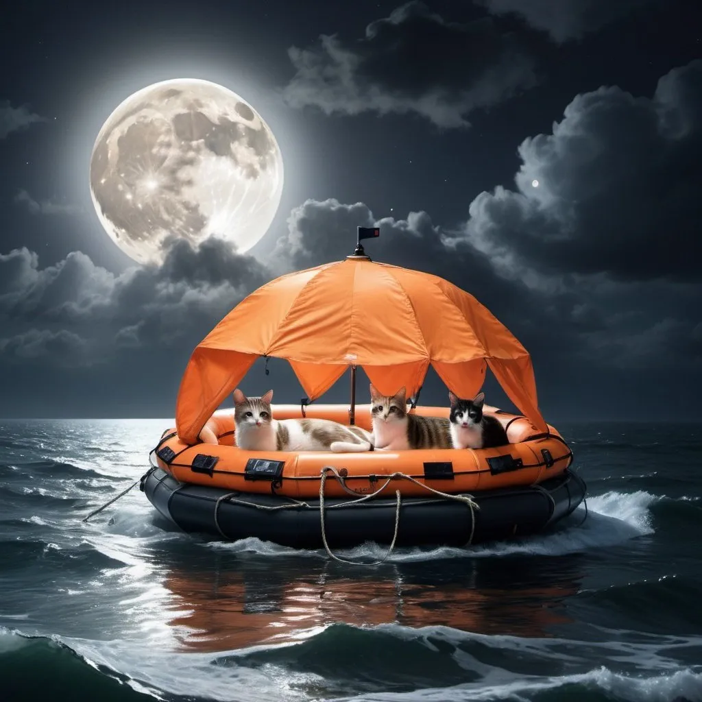 Prompt: Two men, three cats, canopy bed life raft, sailing on sea, dreamlike, hyper-realistic, full moon overhead, dark skies, professional, highres, detailed, dreamlike, hyper-realistic, serene, surreal, moonlit, atmospheric lighting, detailed facial features, lifelike, peaceful, cats lounging, tranquil, surrealistic