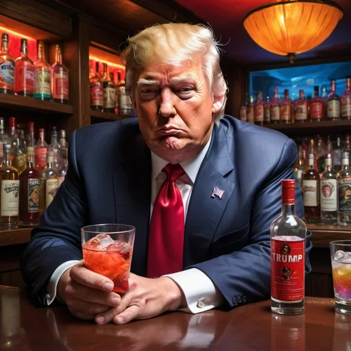 Prompt: Donald Trump at upscale bar, very drunk, disheveled, spilled drink, loose red tie, tiny hands, Russian vodka bottle, hyper-realistic, comedic, colorful, Herbert Block style cartoon, upscale setting, exaggerated facial expressions, detailed wrinkles, vibrant colors, humorous, high-quality, hyper-realism, political satire, comedic lighting