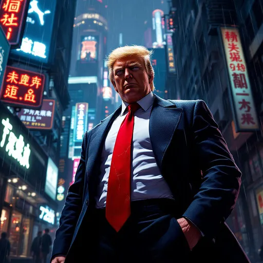 Prompt: IMAGE DESCRIPTION FOR AI GENERATOR:
A hyper-stylized 3D anime character of Donald Trump, rendered in the distinct cel-shaded art style of the video game Dragon Ball Z: Kakarot for PS5. The scene is an explosive fusion of Studio Trigger's high-energy angles and Katsuhiro Otomo's detailed, heavy inking, with a subtle undercurrent of Junji Ito's atmospheric unease.
The Character: The Star-Spangled Hero, with his iconic swept-back blond hair and a chiseled, sharp jawline, stands defiantly in a powerful pose. He is clad in a sleek, dark futuristic trench coat that billows dramatically, worn over a crisp white shirt and a striking, long red power-tie that seems to crackle with energy.
The Scene: A rain-slicked, manga-noir alleyway at night. The background is a slightly distorted cyberpunk cityscape of towering, oppressive architecture, lit by the cold glow of neon signs and holographic advertisements. Intense, hard rim lighting carves the hero out from the deep blues and absolute blacks of the night.
The Action: The hero is caught in a moment of tense, post-battle victory. At his feet, the defeated, shadowy form of a bio-mechanical hybrid trap-creature disintegrates, its single glowing eye fading into the darkness. Dynamic splatters and streaks of royal blue ink suggest torrential rain and residual energy from the confrontation.
Graphic Overlays:
At the top, a bold, modern comic book logo in a dynamic typeface reads: "ANIMATED LEADER". Just below it, "ISSUE #1".
Positioned dynamically near the bottom of the frame is a stylized, impactful one-liner: "Contract terminated — NEXT!"
Technical Specs: 3D cel-shading, anime key visual, dynamic composition, masterpiece, 8K resolution, high-resolution, vectorized look, graphic novel cover, ultra-detailed, sharp focus.
RESULTING IMAGE:
(This is a text-based representation of the visual output)
