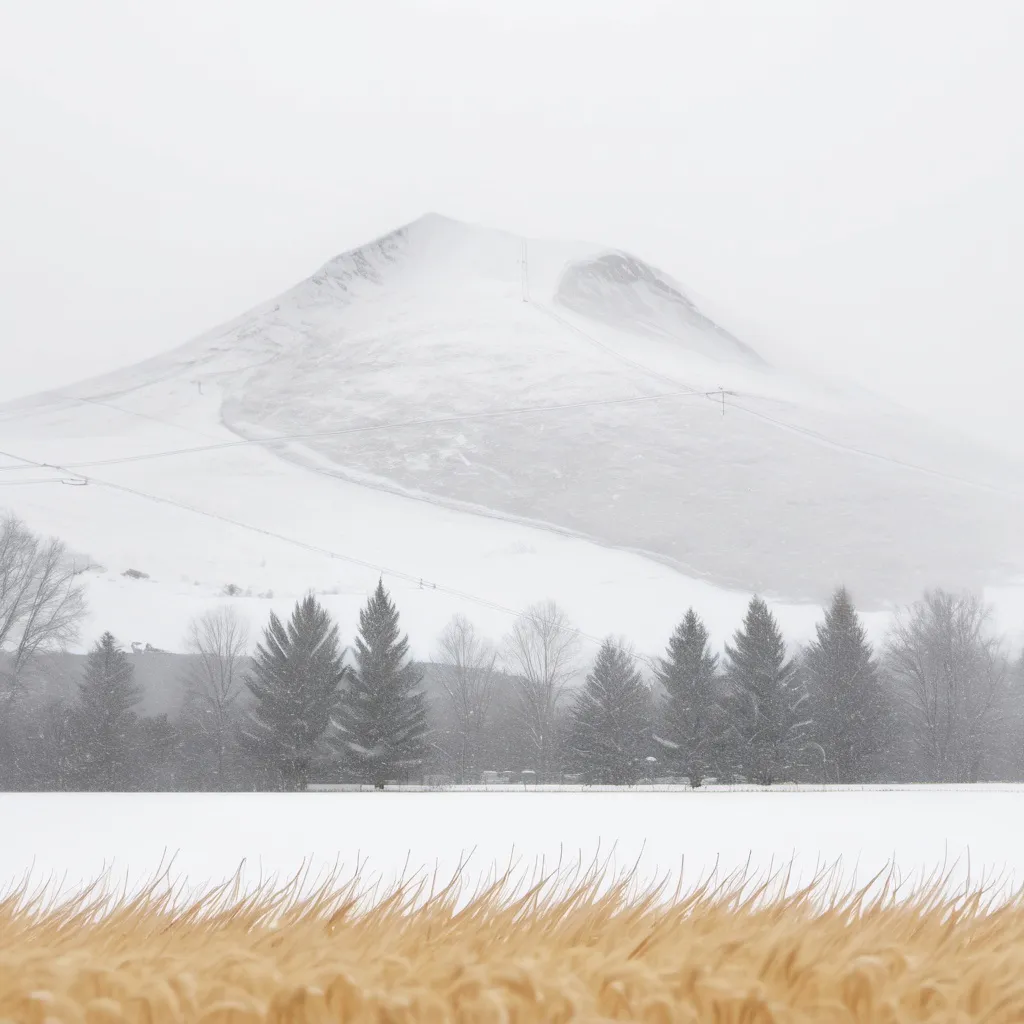 Prompt: A view of a barley visible mountain through the falling snow