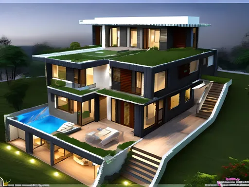 Prompt: Create Build a modern style villa, window, flat roof, garage, yard, glass railing, front door , lanai, deck