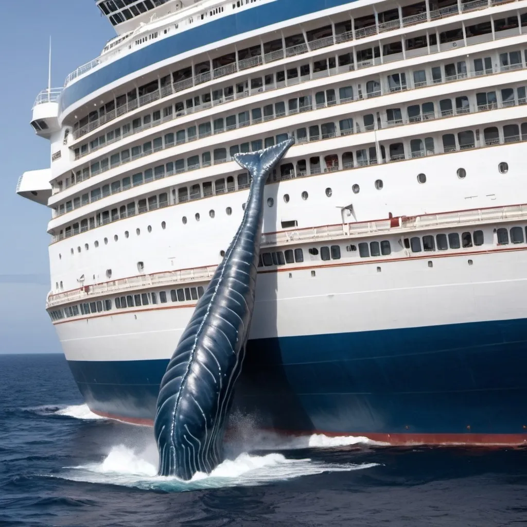 Prompt: A blue whale centipede smashes into a cruise ship