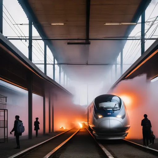 Prompt: Bullet train inside a school, fog and glowing embers