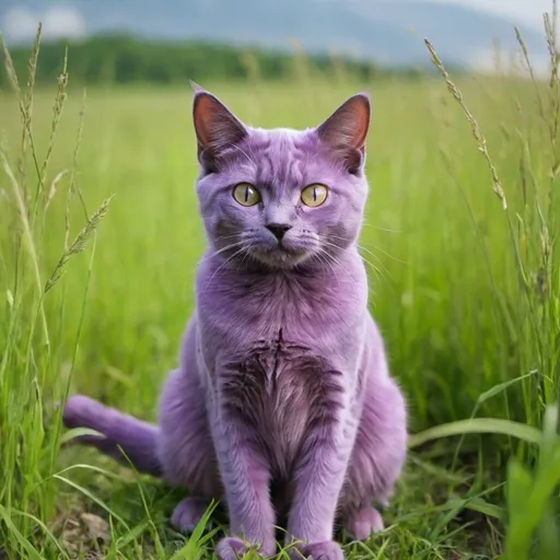 Prompt: A purple cat sit on a gras field